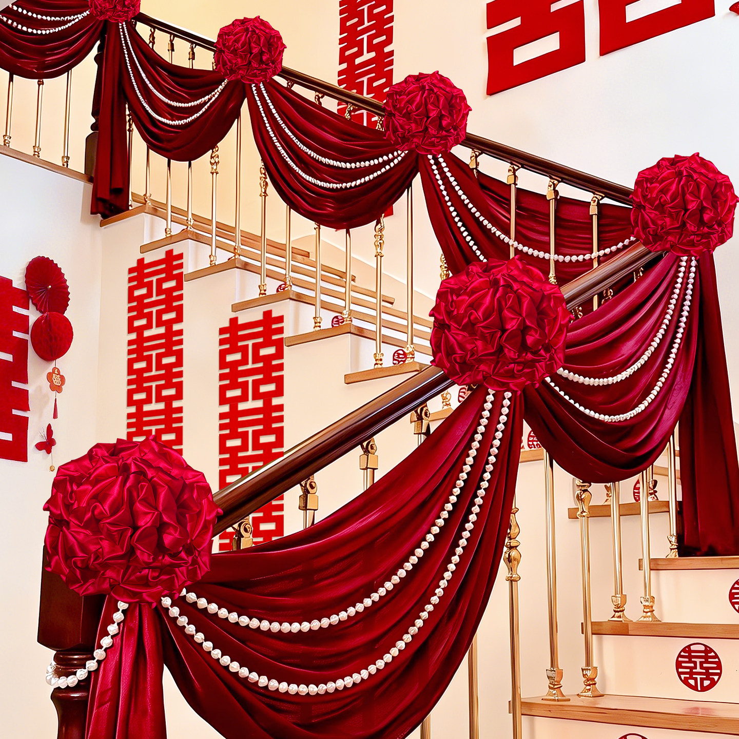 楼梯扶手装饰结婚男女方新房婚房布置农村婚礼高级感纱幔拉花套装