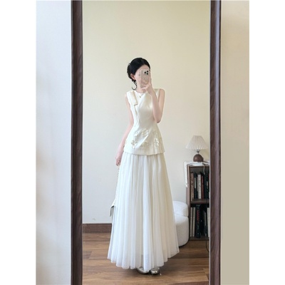 跨境白色连衣裙女法式感领证穿搭绝美订婚礼服裙气质重工生日