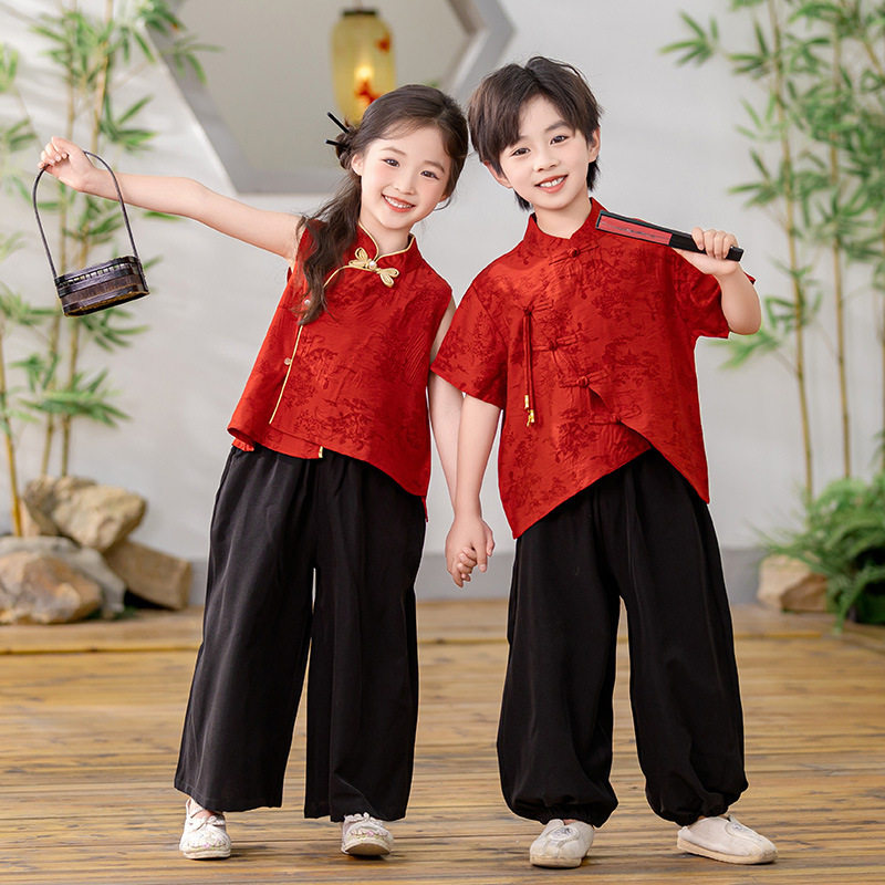 儿童夏装汉服红色表演服女童古风唐装男童新中式国风套装洋气衣服