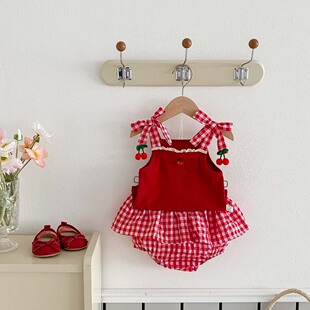 女童甜美衣服2025婴儿夏款车厘子红吊带套装花苞裤两件套红色