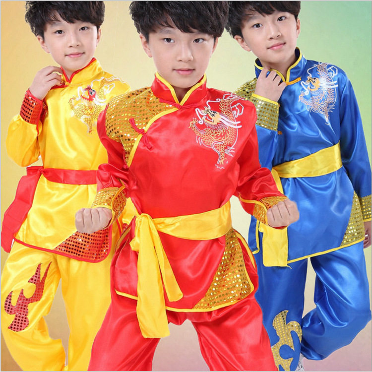 儿童武术演出服装少儿功夫服练功服腰鼓服短袖男童表演服长袖套装