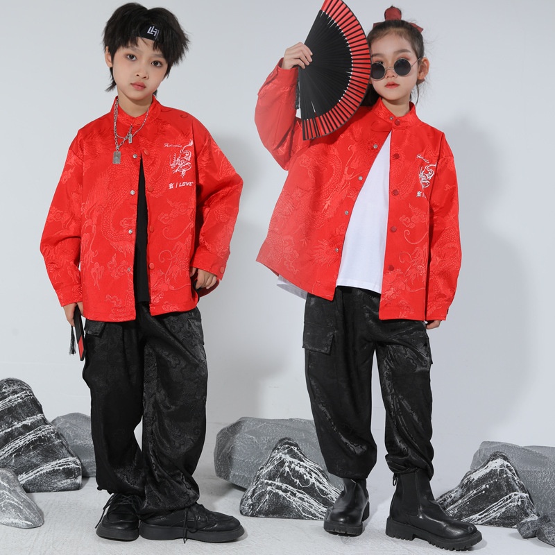 元旦儿童演出服喜庆中国风红色男女嘻哈表演服架子鼓少儿街舞服装