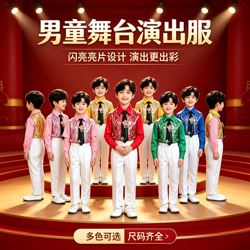 新款儿童合唱服中小学生主持人演出服秋冬长袖男童舞台亮片表演服