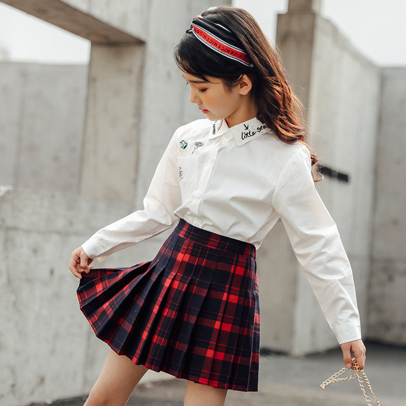 女童春秋短裙韩版学院风百褶格子裙洋气儿童中大女童表演服短裙