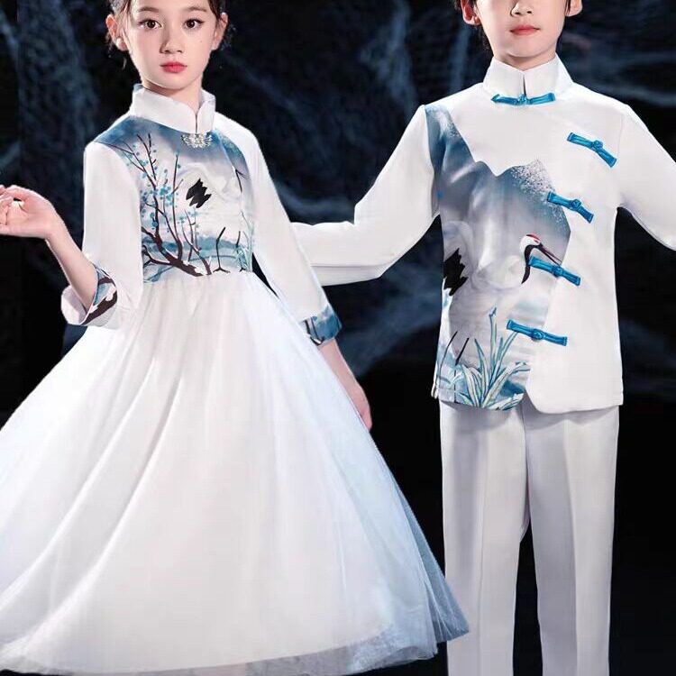 中国风仿古汉服儿童合唱服学生礼服长袖公主裙诗歌朗诵语言表演服