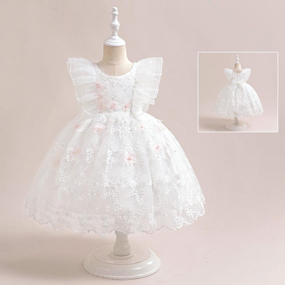 外贸新款儿童礼服裙刺绣网纱公主裙白色小飞袖连衣裙girl dress