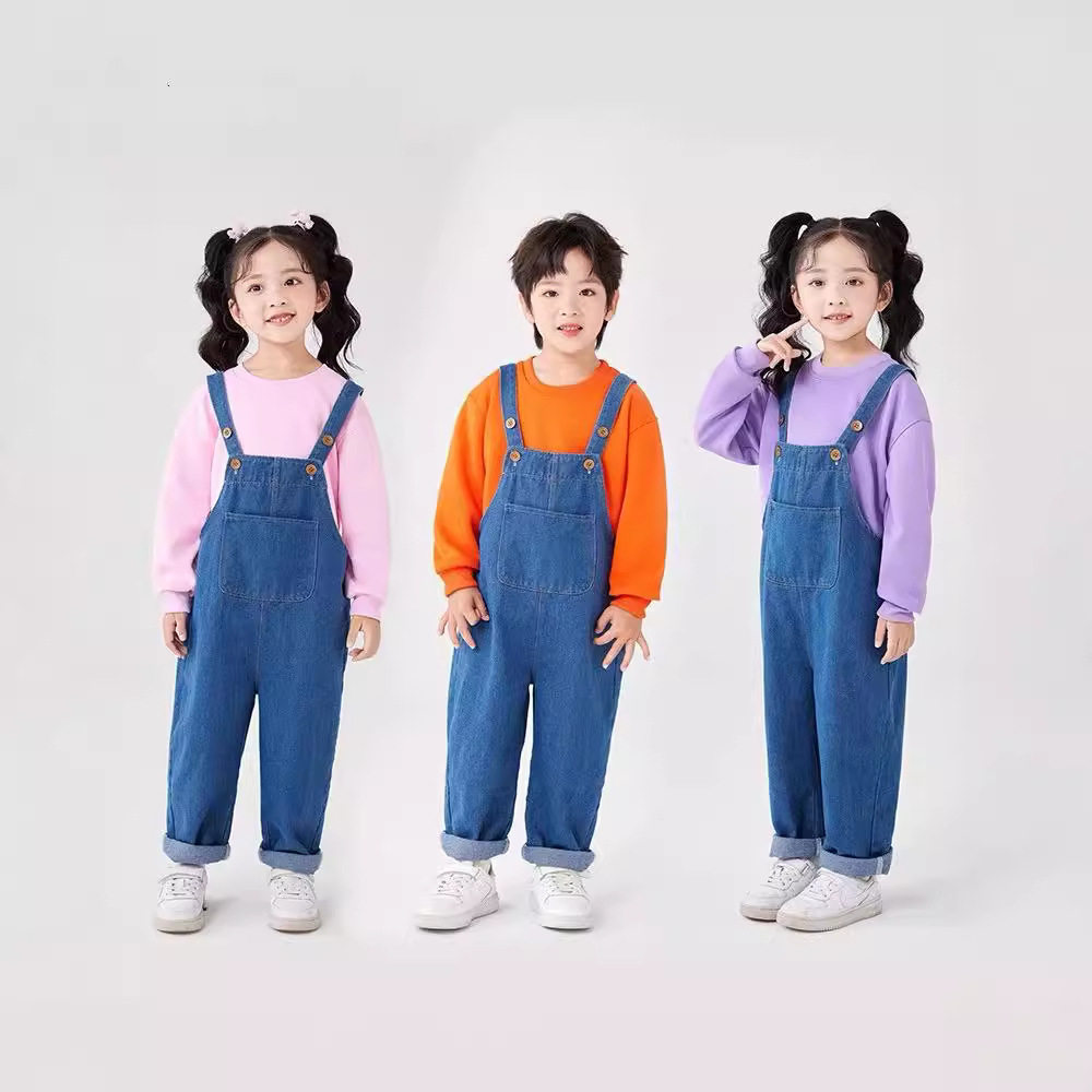 秋冬儿童演出服牛仔背带裤糖果色卫衣幼儿园运动会男女童表演服装