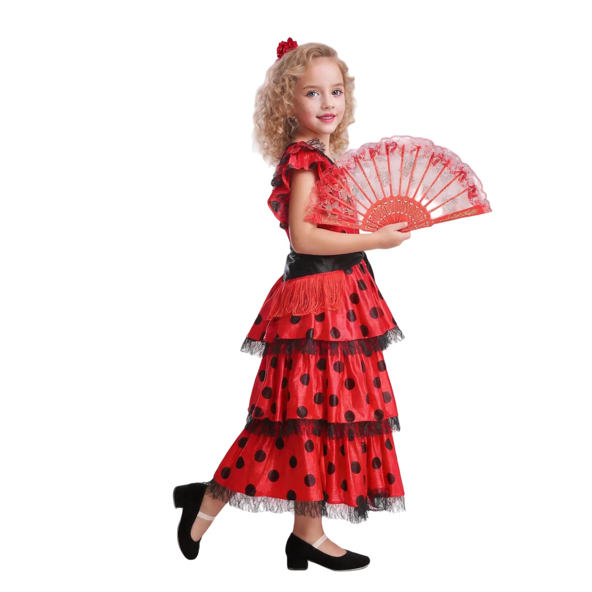 儿童西班牙女孩弗拉明戈表演服万圣节派对cos服波点大摆舞蹈裙