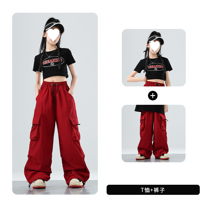 女童夏季短袖上衣街舞套装男童高腰露脐儿童爵士舞服装中大童