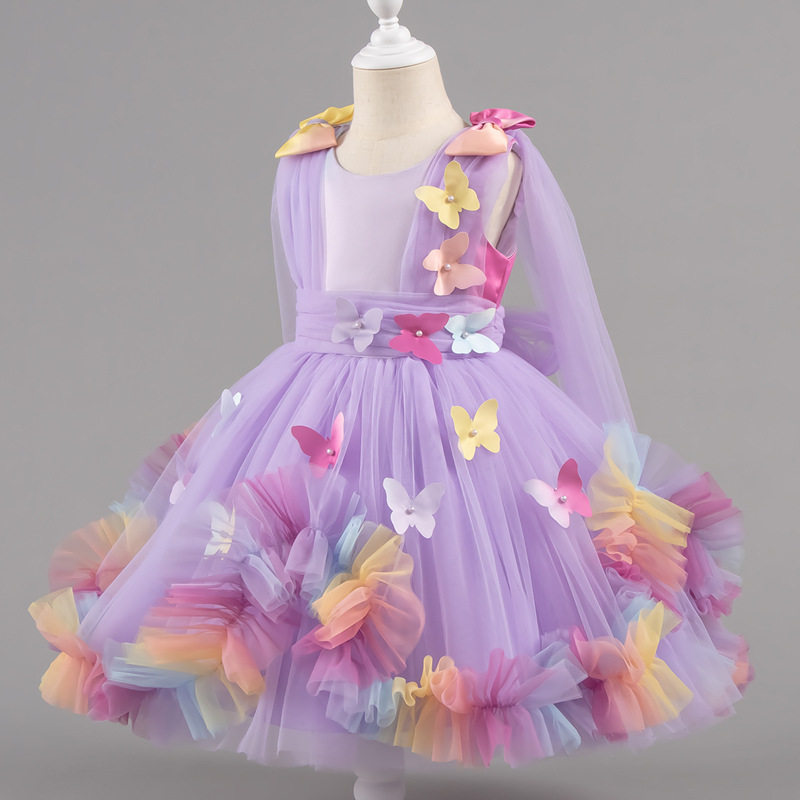 儿童周岁礼服女宝宝渐变色蝴蝶蓬蓬纱公主裙花童生日表演服连衣裙