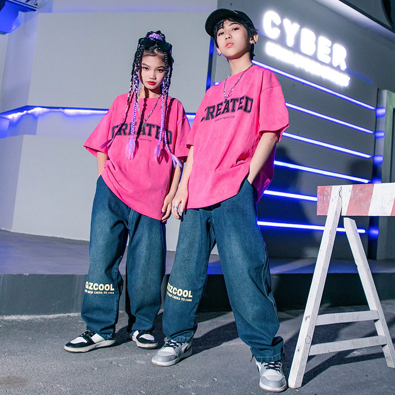 街舞儿童潮服做旧短袖宽松hiphop演出服套装男童嘻哈女童表演服装