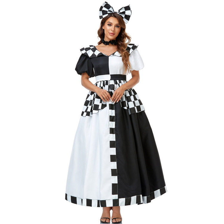 万圣节黑白格子爱丽丝时钟舞台演出服装Cosplay马戏团小丑裙2029