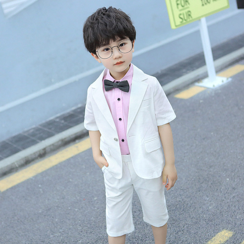 儿童西装套装夏款麻西两件套男童表演服礼服节目主持演出服
