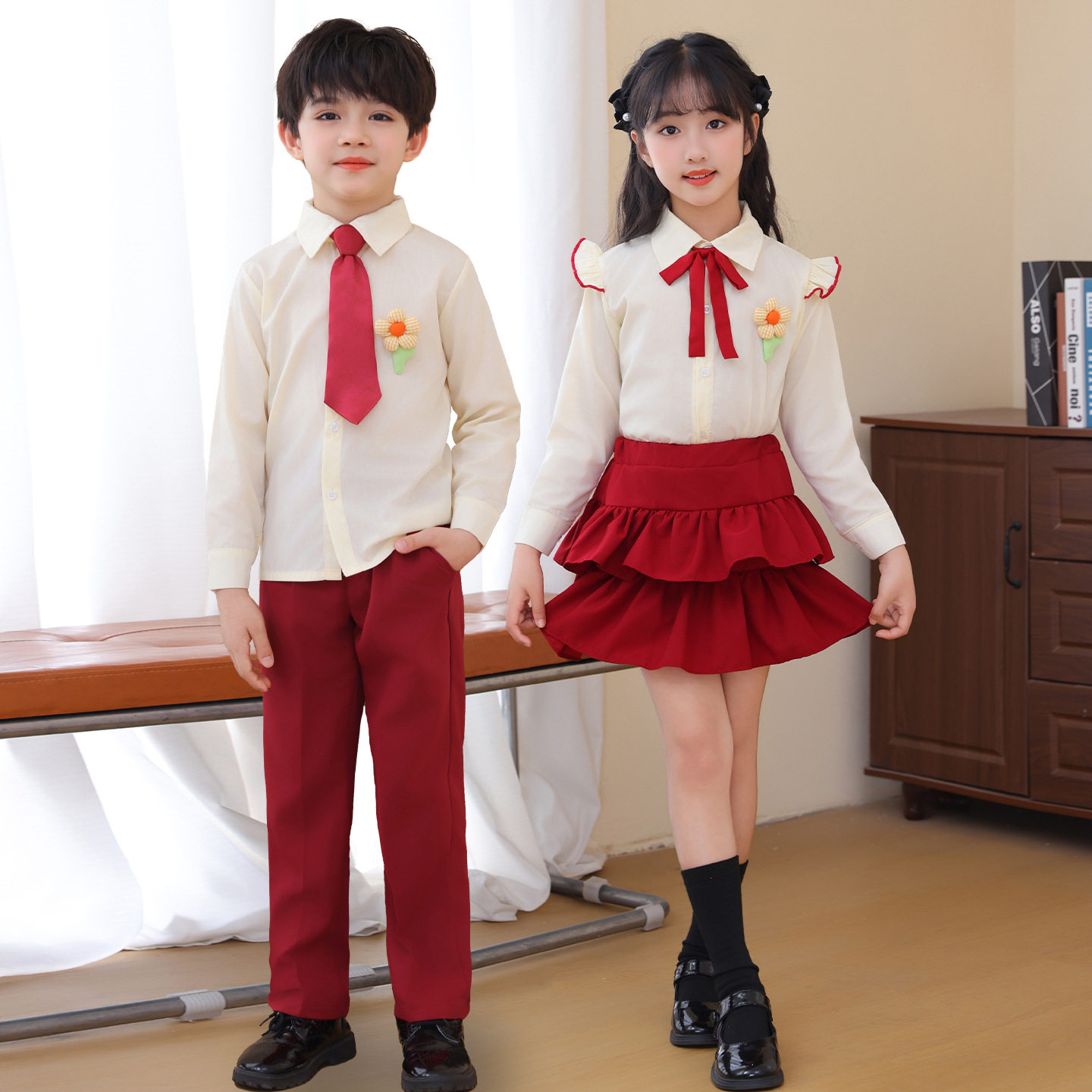 儿童合唱演出服小学生诗歌朗诵套装男女童校园歌唱比赛红色表演服