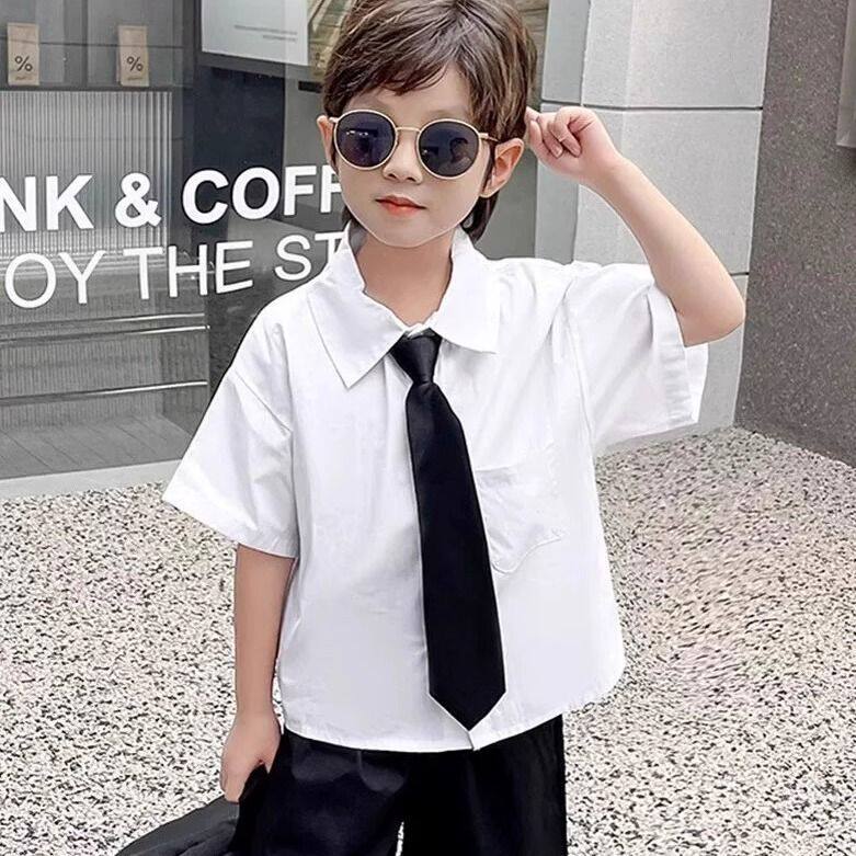 男童衬衫短袖套装新款夏季宝宝白衬衣儿童主持人礼服表演服潮童