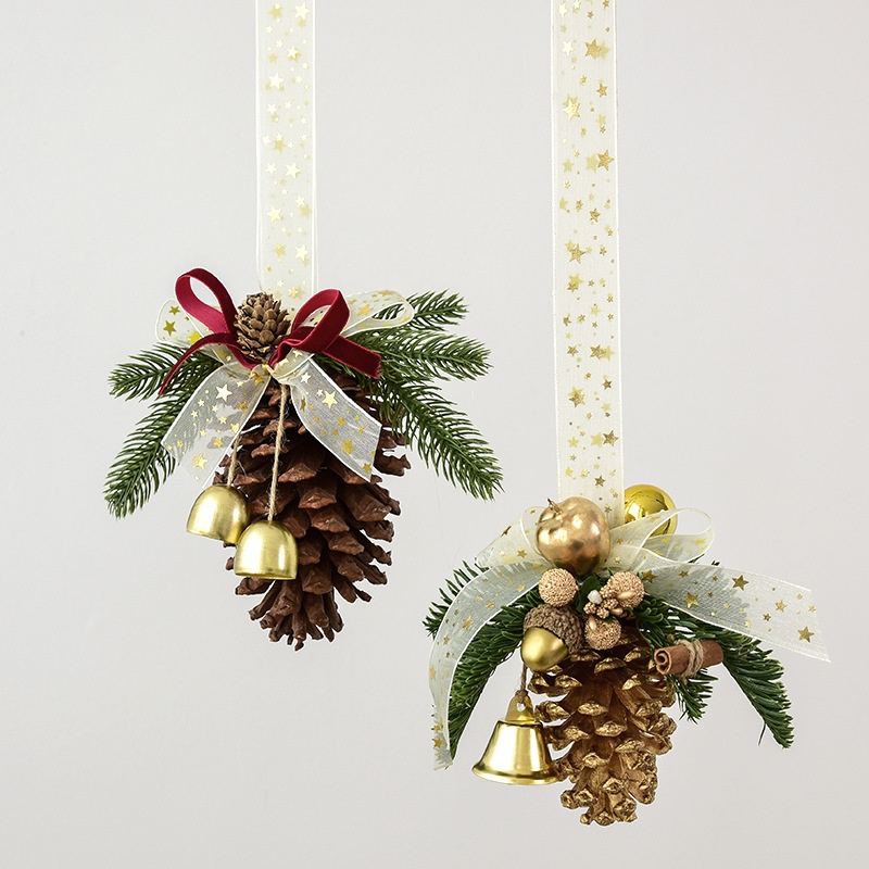 NUCHI跨境圣诞装饰美国大松果铃铛蝴蝶结挂饰车饰圣诞橱窗装饰品