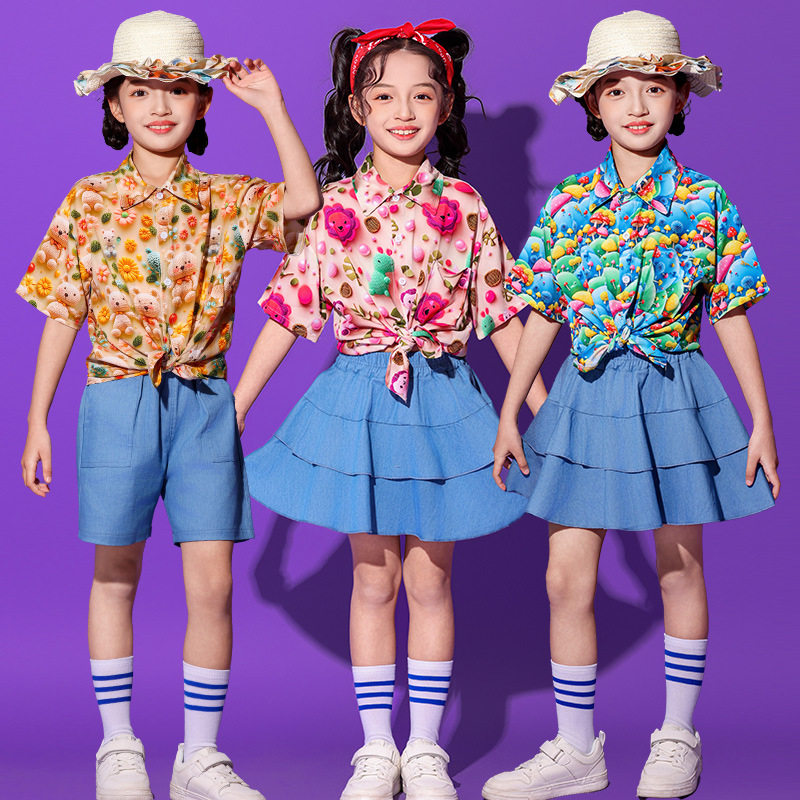 六一儿童拉拉队服装中小学港风花衬衫表演服装幼儿园啦啦队演出服