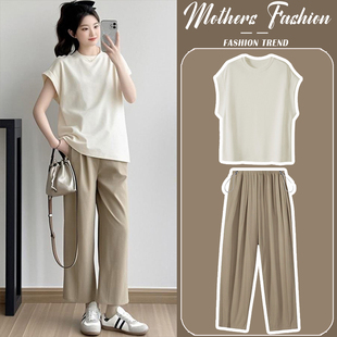 杏色休闲圆领时尚 2025新款 薄款 短袖 子两件套女 孕妇套装 上衣裤 夏季