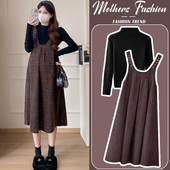 洋气潮妈遮肚宽松背带裙两件套 时尚 孕妇连衣裙套装 春秋冬2026新款