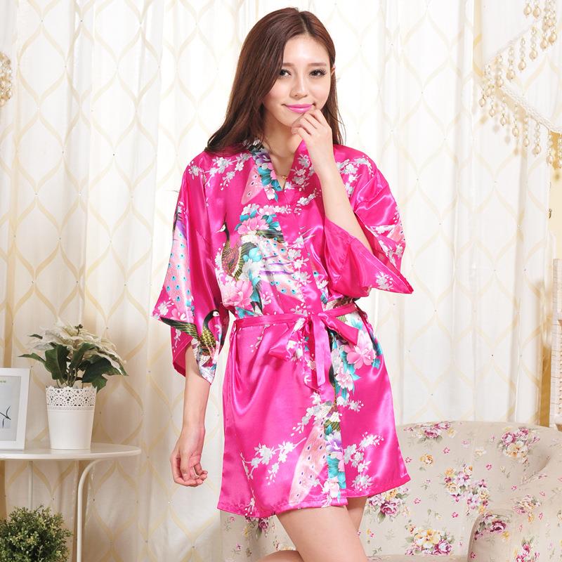 女士夏季睡袍色丁丝绸和服式宽松开衫袍印花孔雀牡丹短款日常晨袍