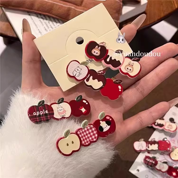 可爱苹果发夹配件女卡通新款高级感碎发鸭嘴夹材料头饰刘海边夹片