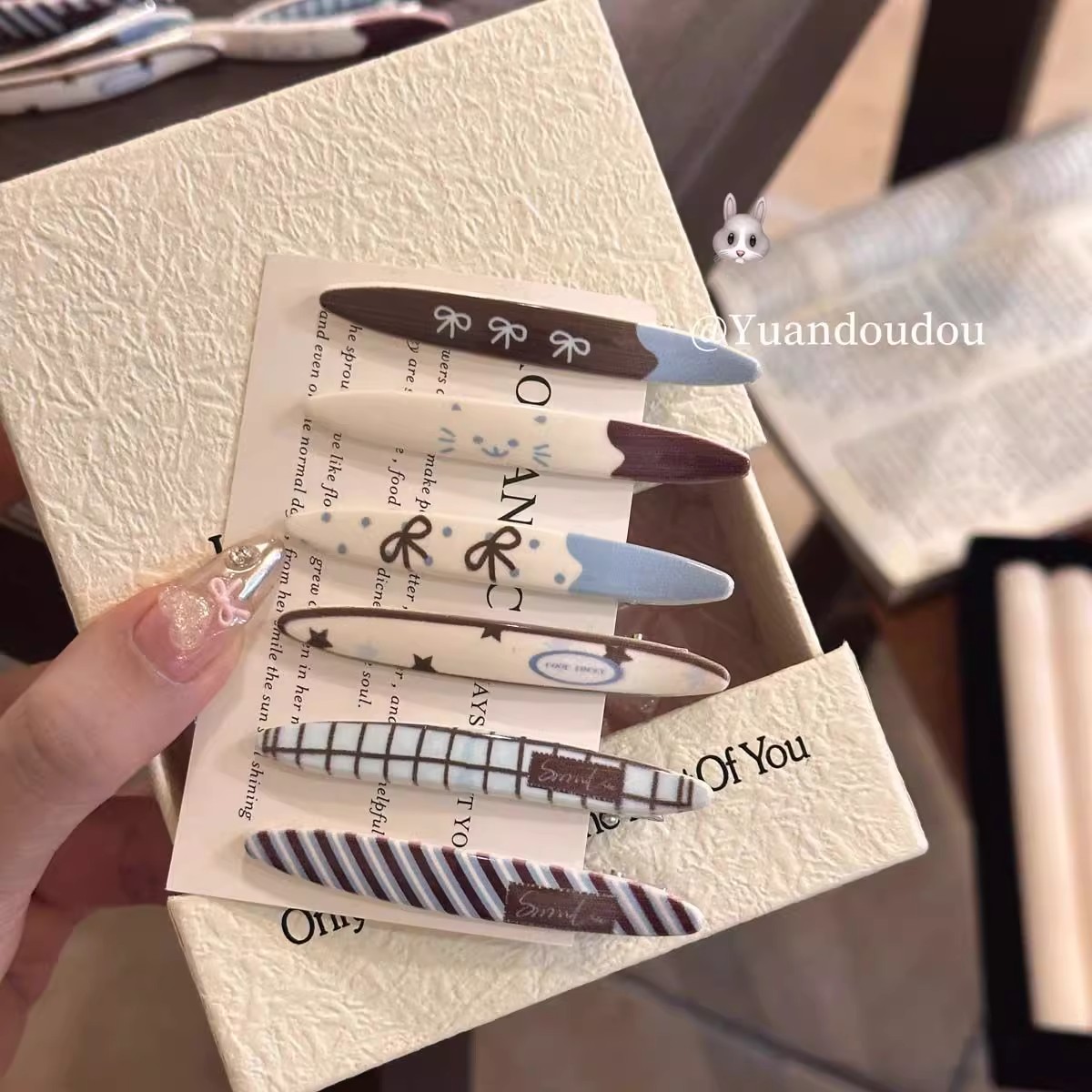 日系少女猫咪蓝咖色系条纹发夹百搭少女侧边刘海夹发卡夹子头饰