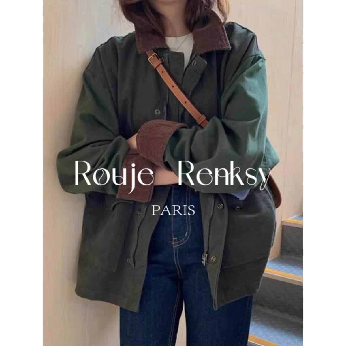 法国Rouje Renksy法式高级感覆古绿色翻领工装夹克外套女秋冬宽松