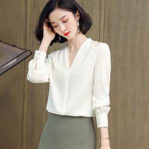 艾丽恩裳高端重磅桑蚕丝上衣女秋冬新款长袖V领职业通勤真丝衬衫