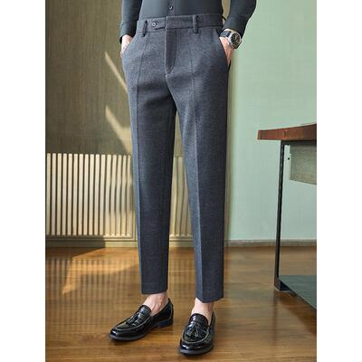 男士毛呢西裤春秋新款商务修身直筒休闲韩版潮流百搭显瘦九分裤男