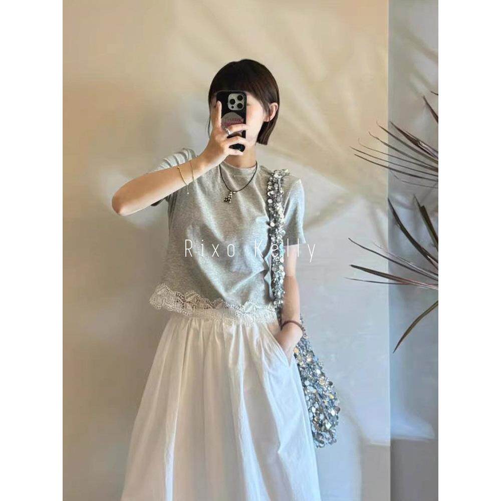 Rixo Kelly蕾丝拼接设计感正肩短袖T恤女修身显瘦高级感短款上衣