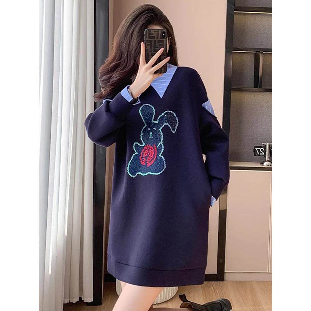 欧洲站中长款卫衣女2025春秋冬新款高级感加绒加厚撞色宽松连衣裙