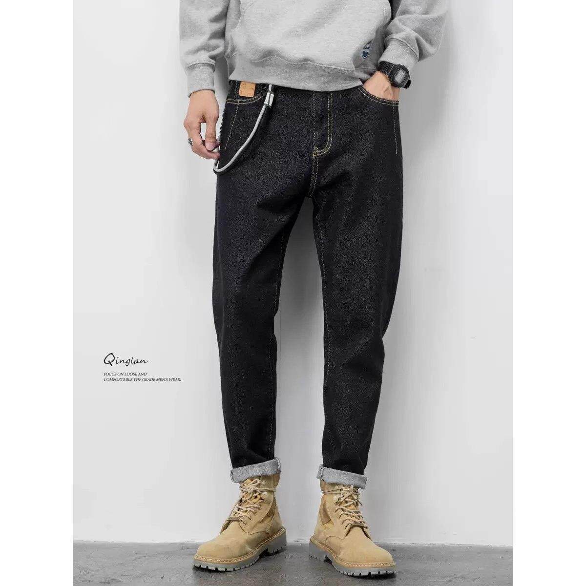新款黑色牛仔裤男潮宽松直筒美式休闲锥形弹力加绒裤子大码加厚