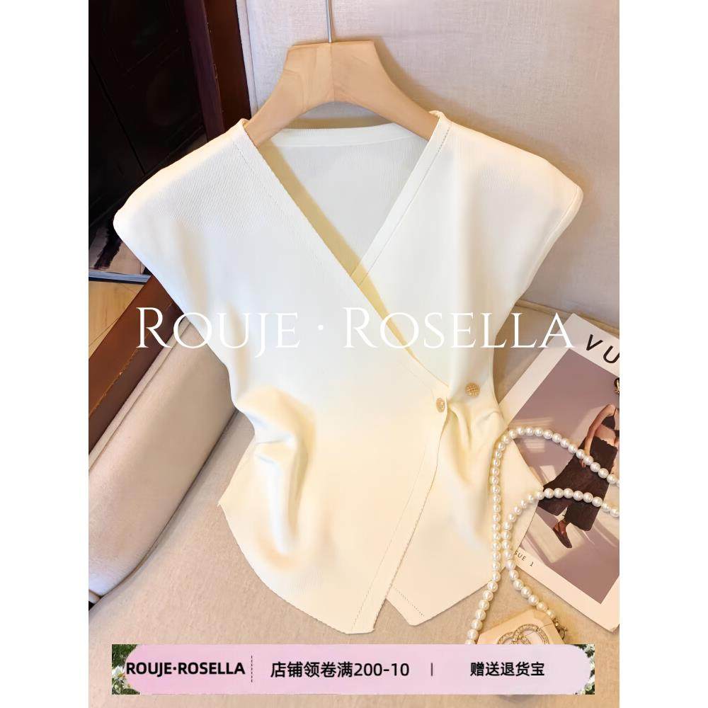 法国Rouje Rosella⭐法式不规则交叉V领针织衫女设计感气质上衣