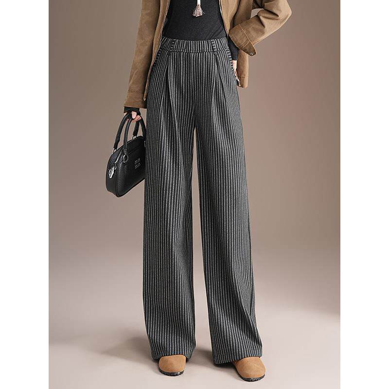 大码窄版阔腿裤女2025春秋松紧腰直筒裤休闲慵懒风松弛感条纹长裤