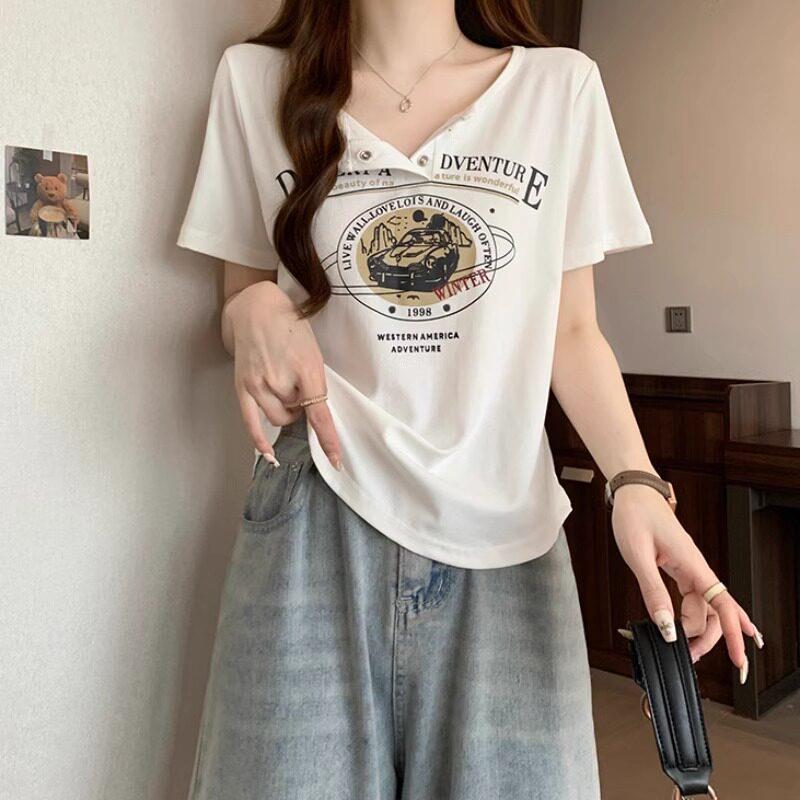 V领白色正肩短袖T恤女夏季新款欧货美式大尺码胖mm宽松显瘦百搭上