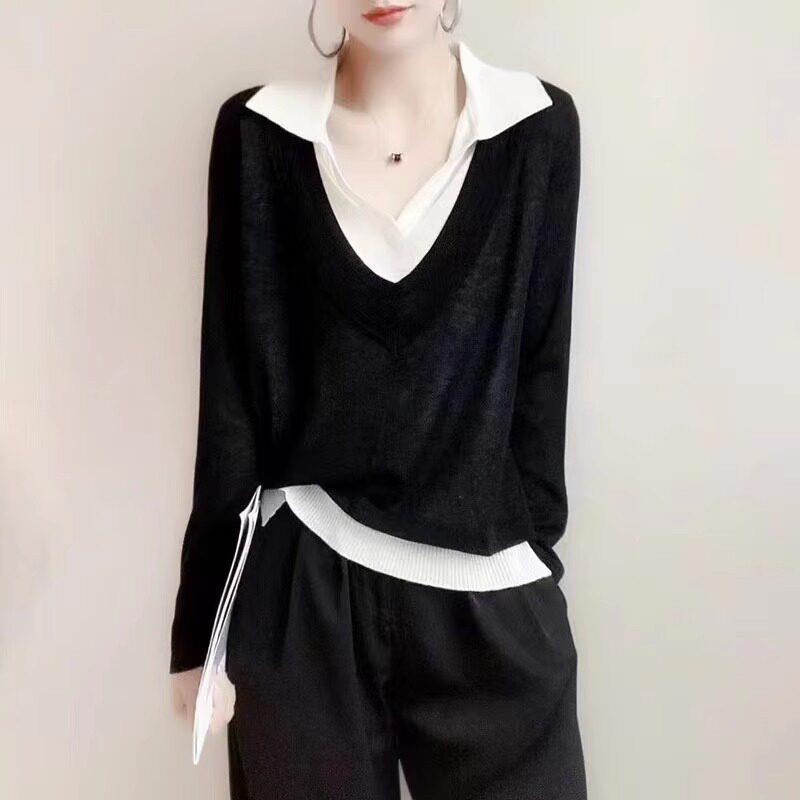 polo领长袖假两件打底针织衫女2026秋季新款韩版百搭宽松显瘦上衣