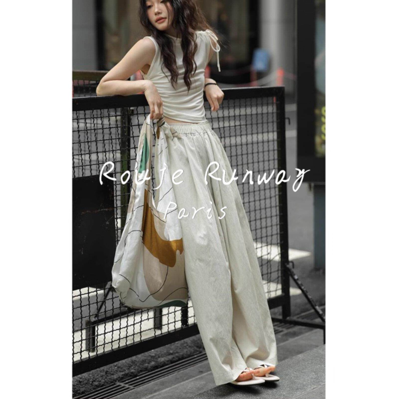 法式Rouje Runway休闲裤女高腰显瘦垂感直筒阔腿裤宽松慵懒风裤子
