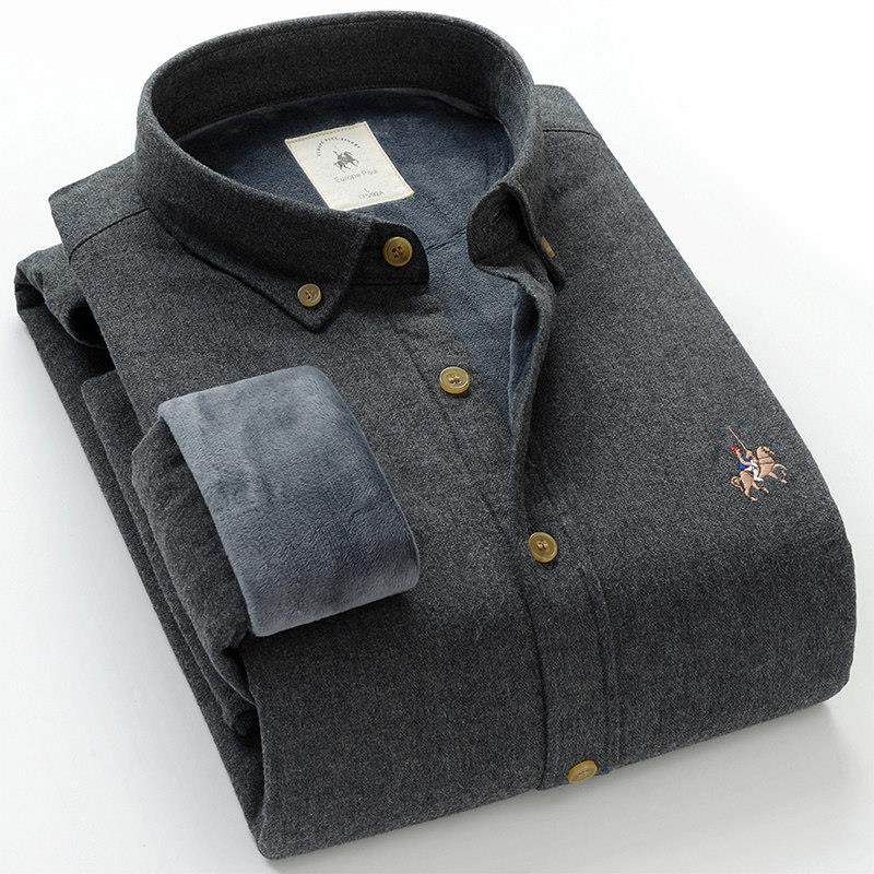 2023男士保暖长袖衬衫加绒加厚中年磨毛衬衣100%纯棉休闲爸爸装冬
