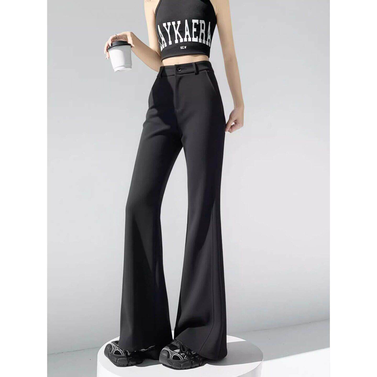 Canary Kiss黑色高腰微喇裤女2026夏季新款小个子冰丝显瘦西装裤