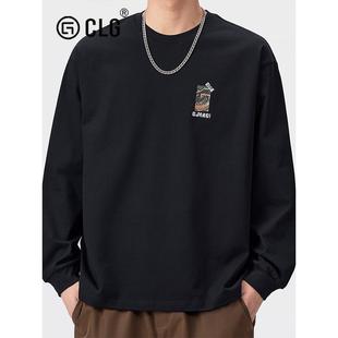 香港CLG潮牌新款重磅纯棉长袖t恤男宽松中国风印花黑色打底上衣服