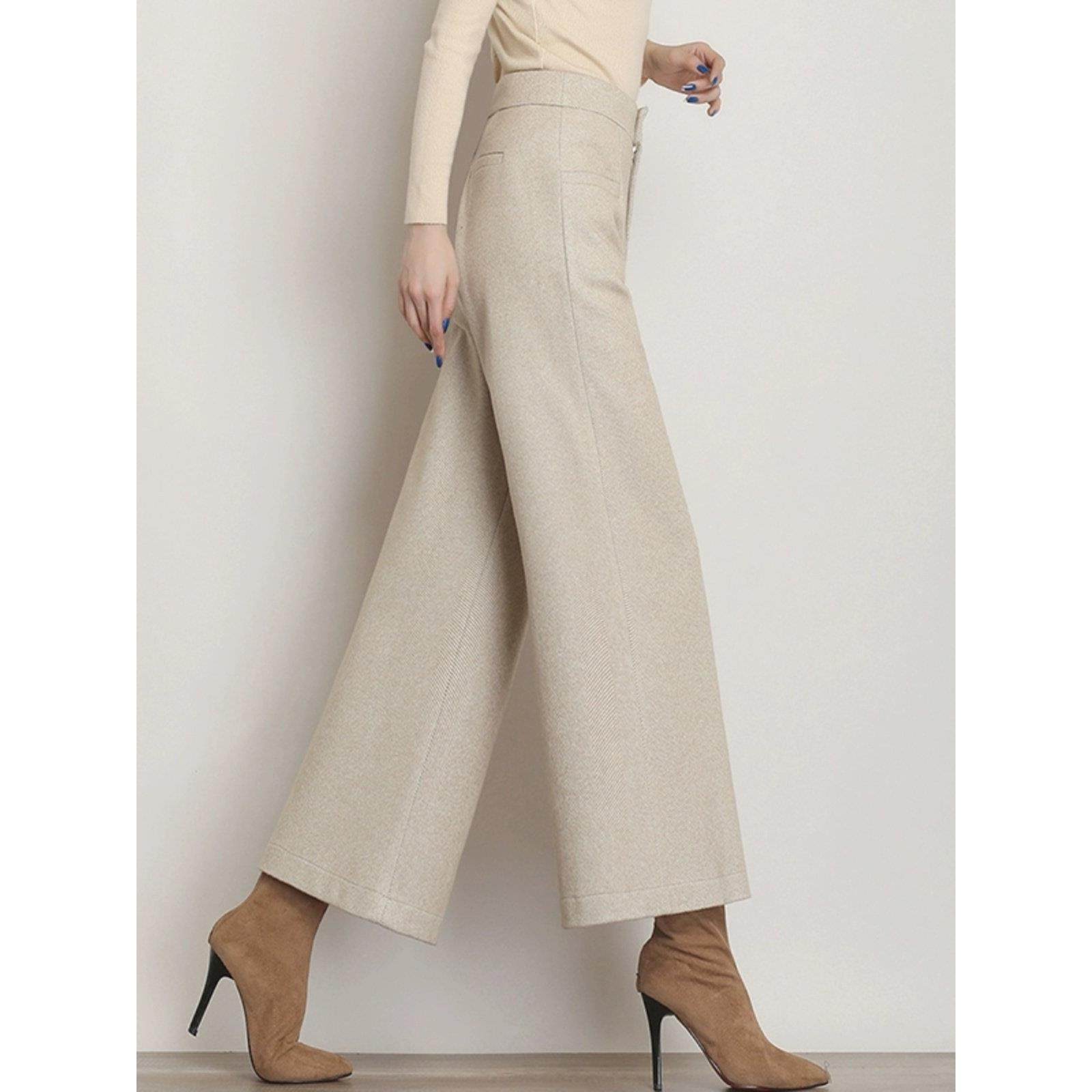 大码毛呢阔腿裤女新款2025春秋加厚休闲直筒裤小个子妈妈装九分裤