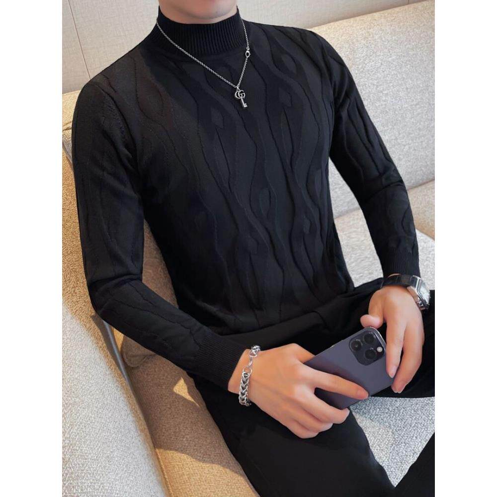 香港半高领毛衣男秋冬新款修身内搭保暖中领毛线衣长袖针织打底衫