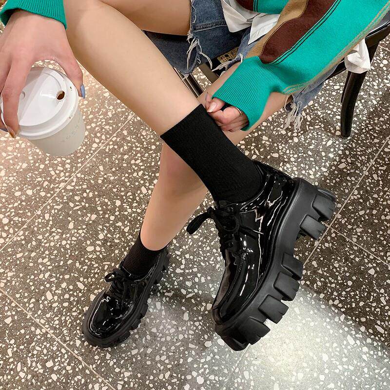 酷琪女鞋加高乐福鞋春秋季新款真皮厚底厚跟厚跟英伦小皮鞋