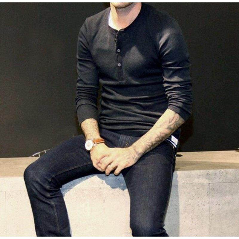 香港潮牌春秋款亨利领长袖T恤男复古美式咔叽加厚修身打底针织衫