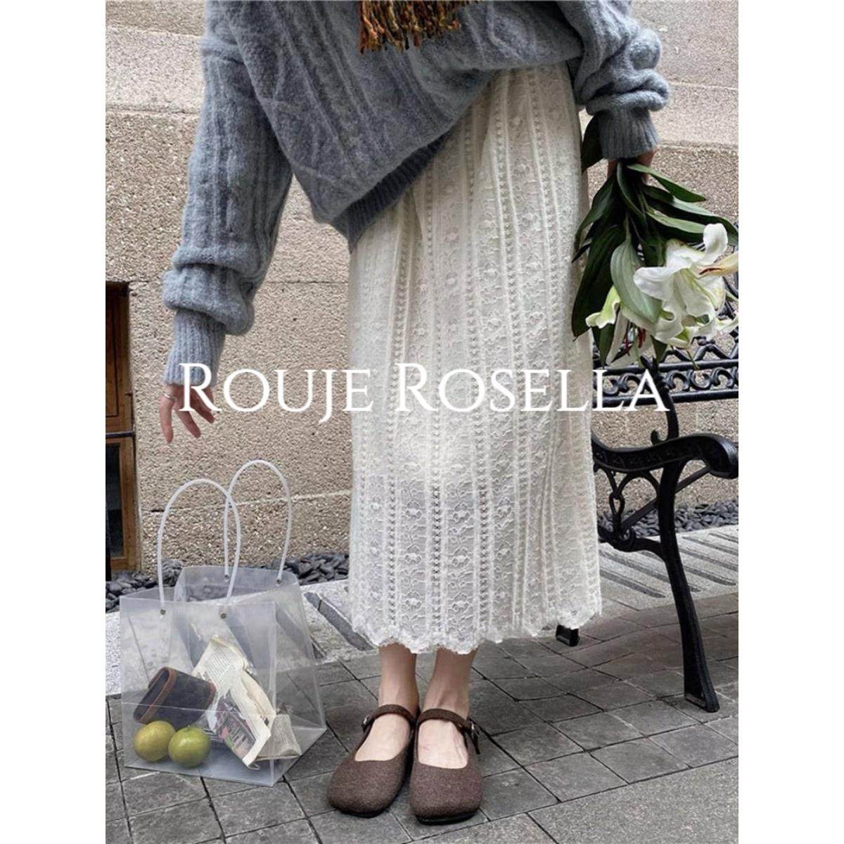 法国Rouje Rosella⭐法式蕾丝加绒高腰显瘦半身裙女秋季a字中长裙