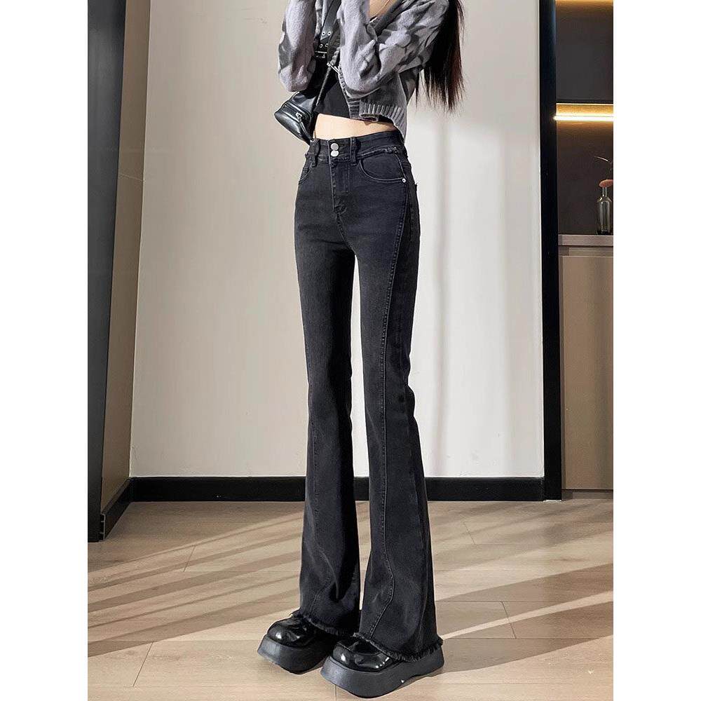 喇叭裤女春夏加绒2025年新款小个子高腰显瘦春季牛仔裤黑色微喇裤