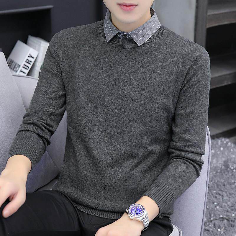 衬衫领假两件毛衣男生春秋款修身休闲冬季加绒加厚男士羊毛针织衫