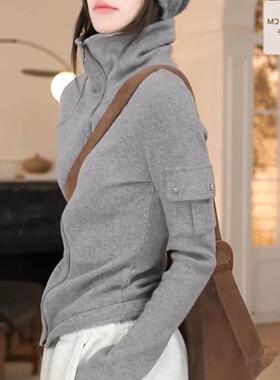 JOMGNE灰色双拉链高领开衫卫衣女2025新款设计感口袋百搭显瘦外套