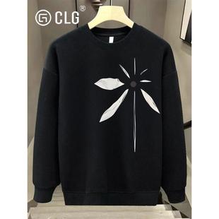 香港CLG潮牌美式痞帅重磅圆领卫衣青年款秋冬季街头宽松无帽外套