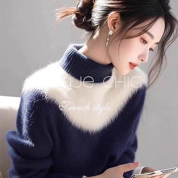 法国rouje chic法式简约高级感蓝白撞色半高领针织衫毛衣女秋冬季,女装/女士精品,大码内搭,淘宝优惠券,粉丝福利购,淘宝优惠卷